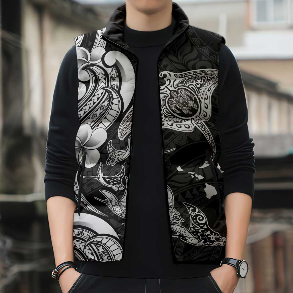 Hawaiian Manta Rays Sleeveless Puffer Jacket Tribal Hibiscus Polynesian Tattoos Black Color - Polynesian Pride
