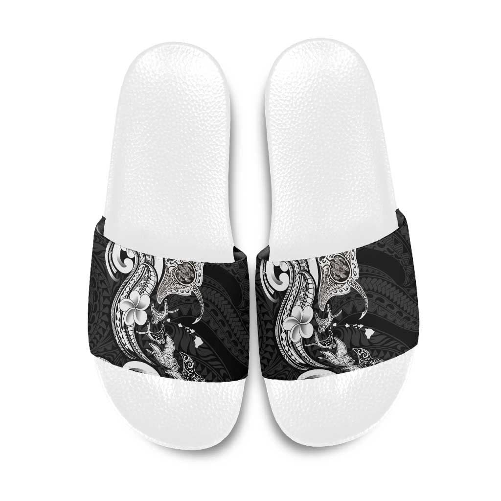Hawaiian Manta Rays Slide Sandals Tribal Hibiscus Polynesian Tattoos Black Color - Polynesian Pride