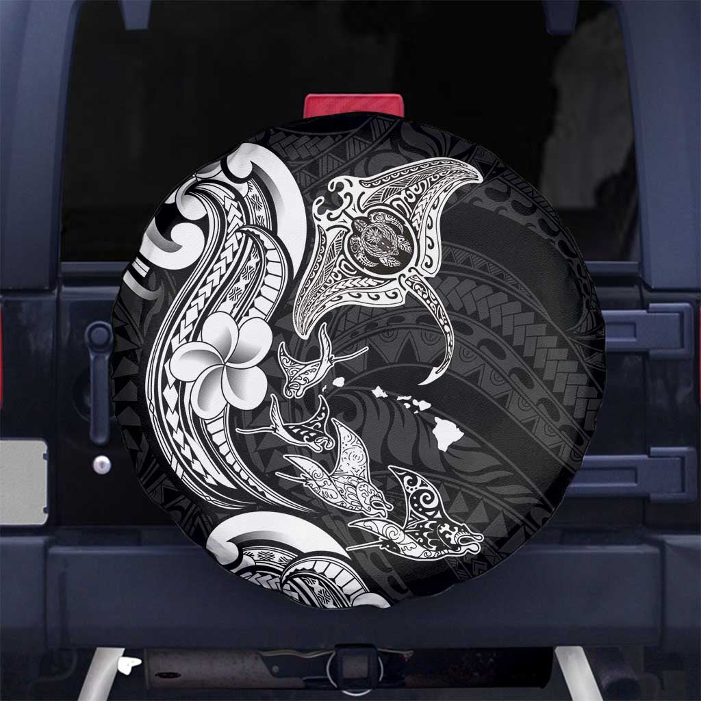 Hawaiian Manta Rays Spare Tire Cover Tribal Hibiscus Polynesian Tattoos Black Color - Polynesian Pride