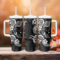 Hawaiian Manta Rays Tumbler With Handle Tribal Hibiscus Polynesian Tattoos Black Color - Polynesian Pride