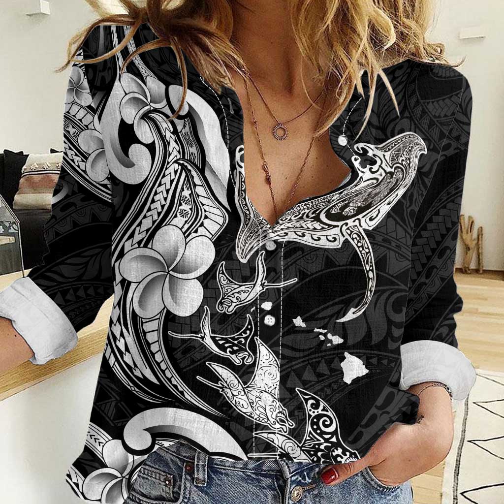 Hawaiian Manta Rays Women Casual Shirt Tribal Hibiscus Polynesian Tattoos Black Color - Polynesian Pride