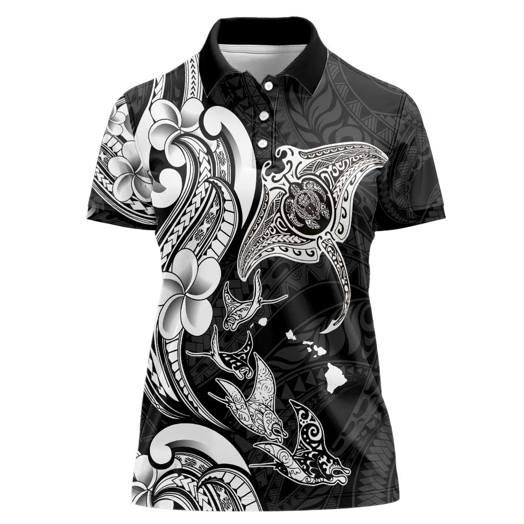 Hawaiian Manta Rays Women Polo Shirt Tribal Hibiscus Polynesian Tattoos Black Color - Polynesian Pride