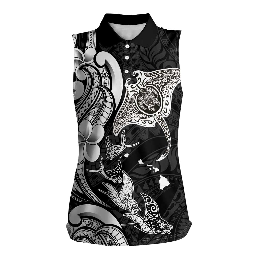 Hawaiian Manta Rays Women Sleeveless Polo Shirt Tribal Hibiscus Polynesian Tattoos Black Color - Polynesian Pride