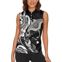 Hawaiian Manta Rays Women Sleeveless Polo Shirt Tribal Hibiscus Polynesian Tattoos Black Color - Polynesian Pride