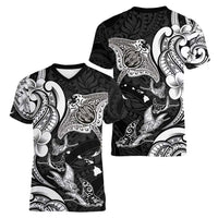 Hawaiian Manta Rays Women V-Neck T-Shirt Tribal Hibiscus Polynesian Tattoos Black Color - Polynesian Pride