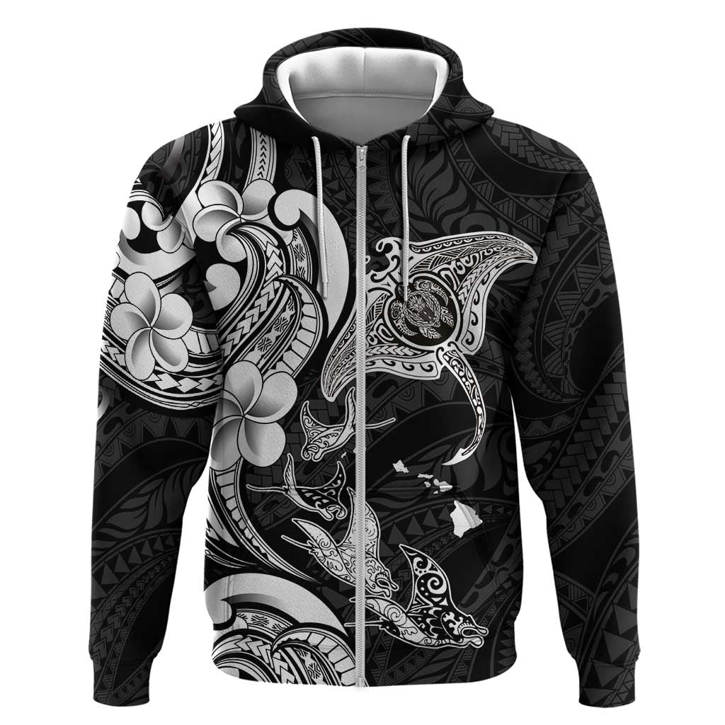 Hawaiian Manta Rays Zip Hoodie Tribal Hibiscus Polynesian Tattoos Black Color - Polynesian Pride