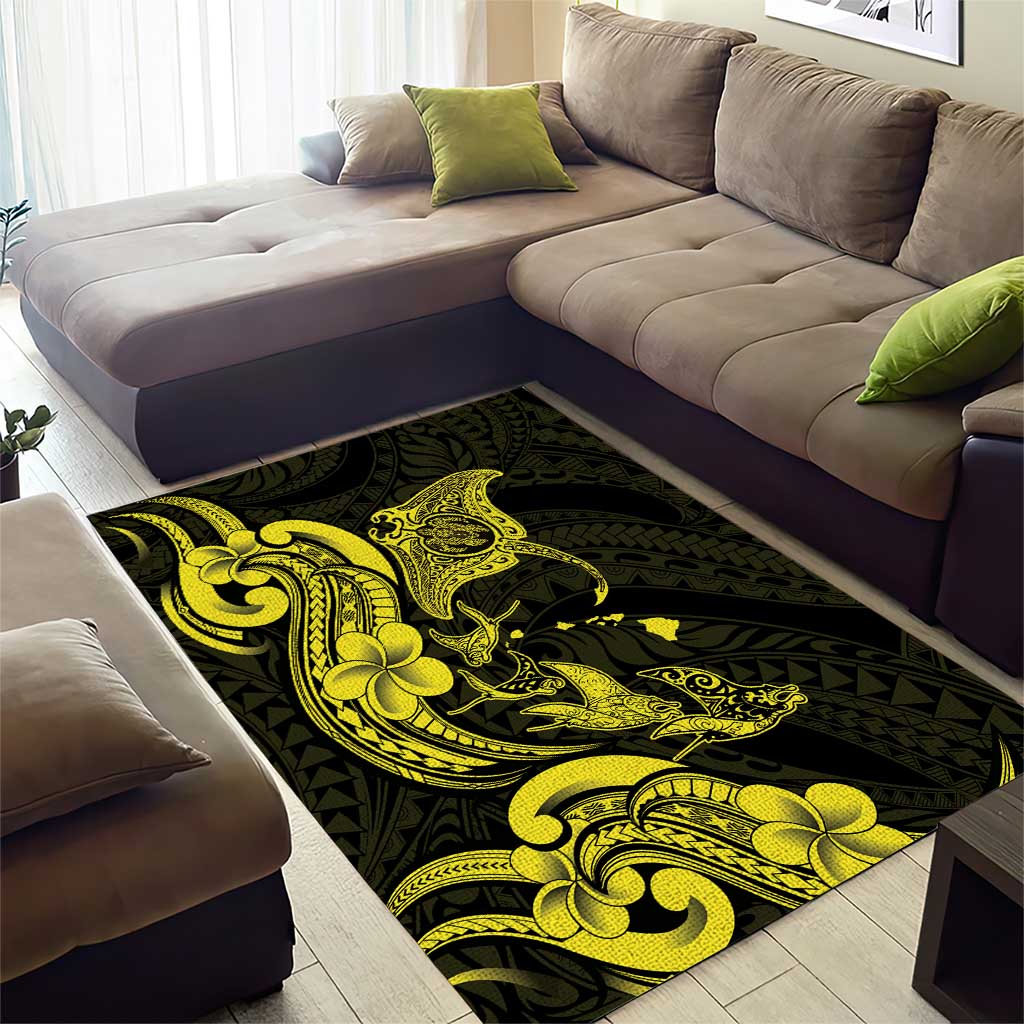 Hawaiian Manta Rays Area Rug Tribal Hibiscus Polynesian Tattoos Yellow Color - Polynesian Pride