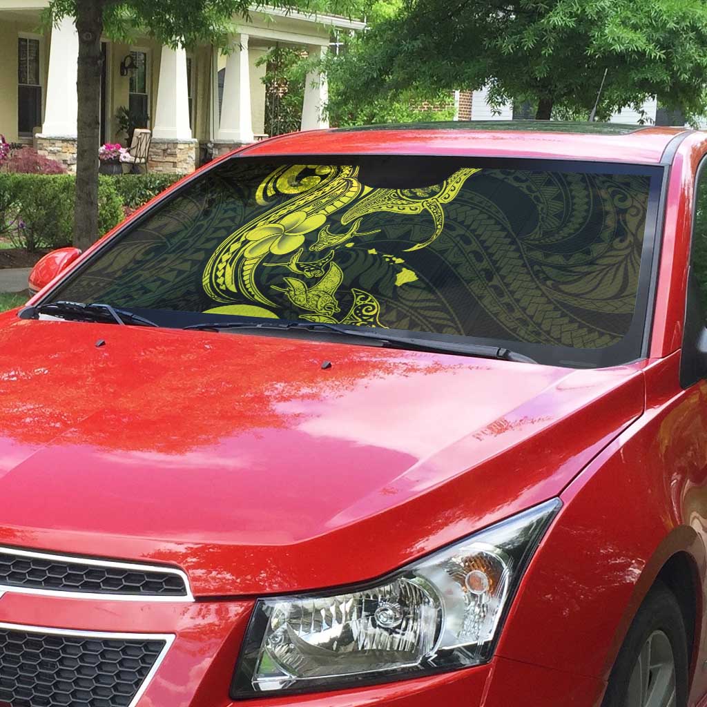 Hawaiian Manta Rays Auto Sun Shade Tribal Hibiscus Polynesian Tattoos Yellow Color - Polynesian Pride