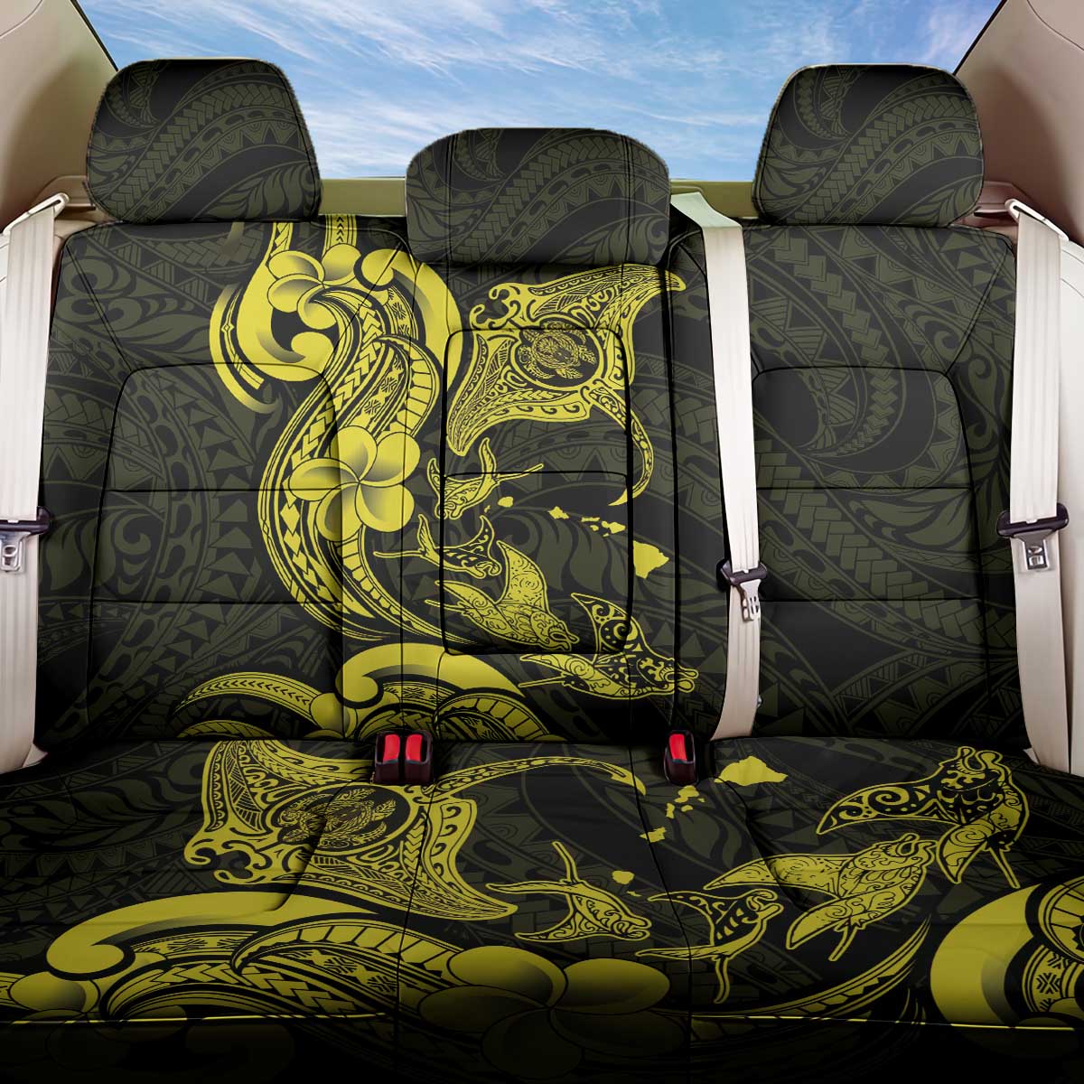 Hawaiian Manta Rays Back Car Seat Cover Tribal Hibiscus Polynesian Tattoos Yellow Color - Polynesian Pride