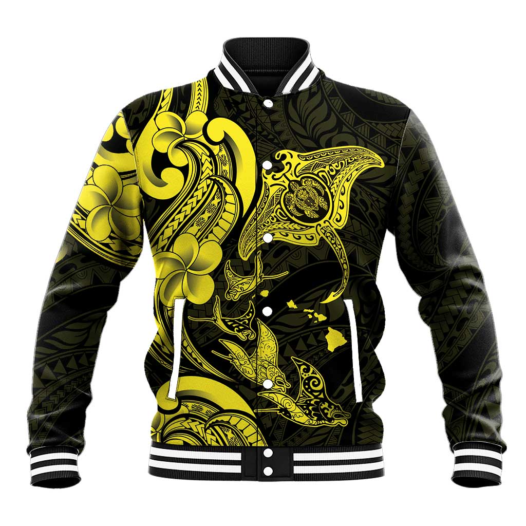 Hawaiian Manta Rays Baseball Jacket Tribal Hibiscus Polynesian Tattoos Yellow Color - Polynesian Pride