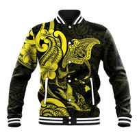 Hawaiian Manta Rays Baseball Jacket Tribal Hibiscus Polynesian Tattoos Yellow Color - Polynesian Pride