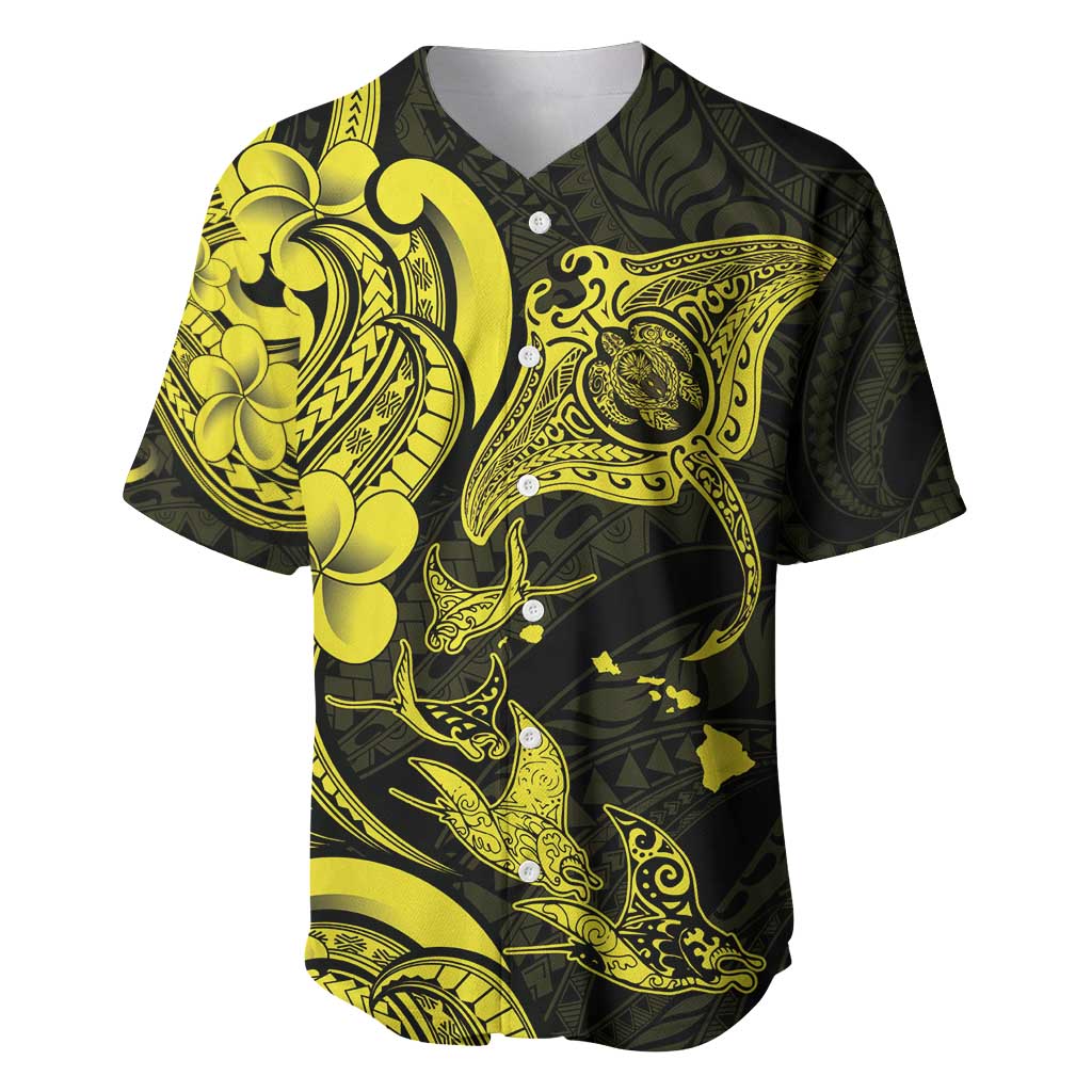 Hawaiian Manta Rays Baseball Jersey Tribal Hibiscus Polynesian Tattoos Yellow Color - Polynesian Pride