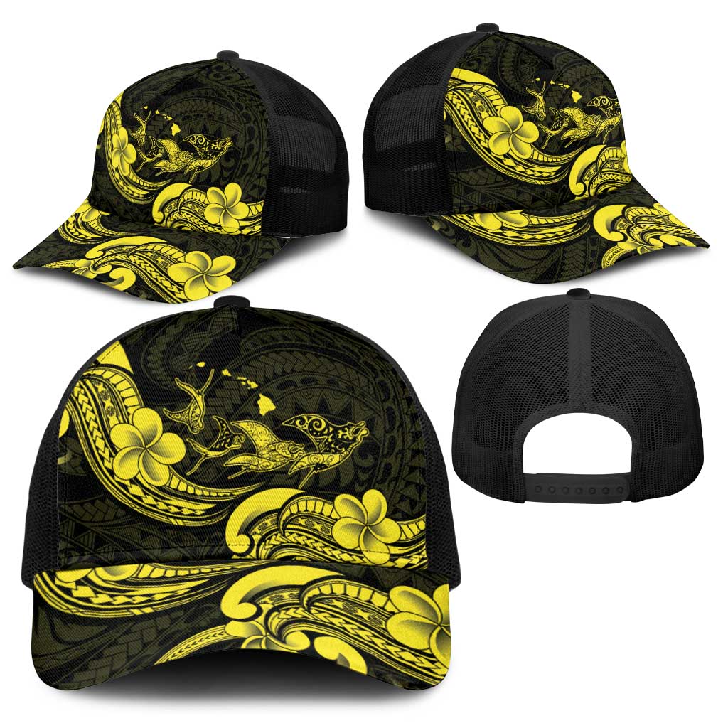 Hawaiian Manta Rays Baseball Net Cap Tribal Hibiscus Polynesian Tattoos Yellow Color - Polynesian Pride