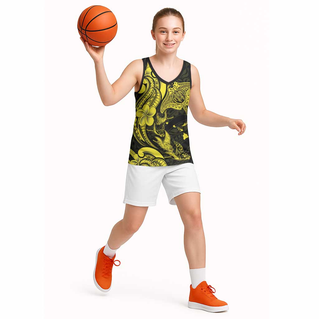 Hawaiian Manta Rays Basketball Jersey Tribal Hibiscus Polynesian Tattoos Yellow Color - Polynesian Pride