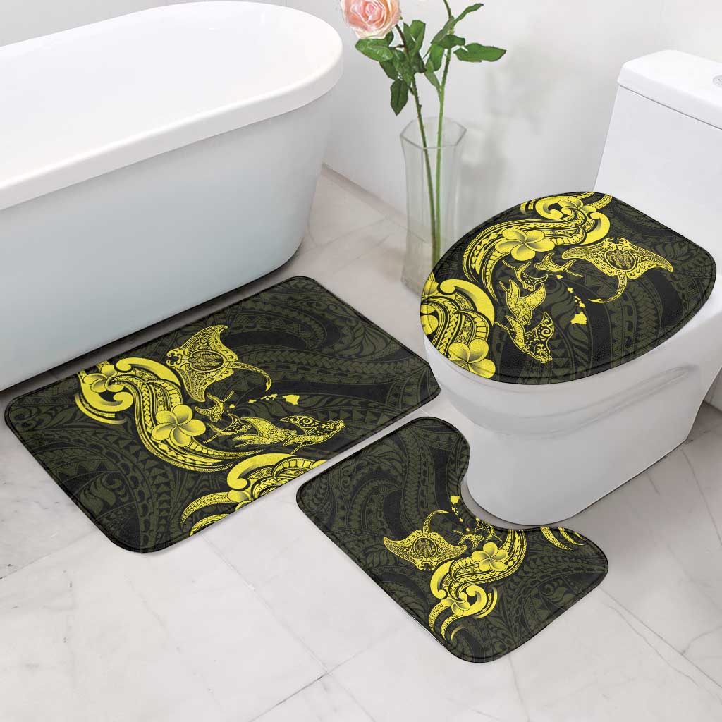 Hawaiian Manta Rays Bathroom Set Tribal Hibiscus Polynesian Tattoos Yellow Color - Polynesian Pride
