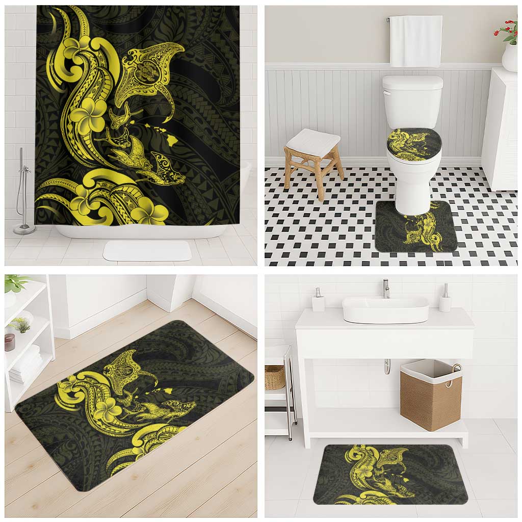 Hawaiian Manta Rays Bathroom Set Tribal Hibiscus Polynesian Tattoos Yellow Color - Polynesian Pride