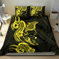Hawaiian Manta Rays Bedding Set Tribal Hibiscus Polynesian Tattoos Yellow Color - Polynesian Pride