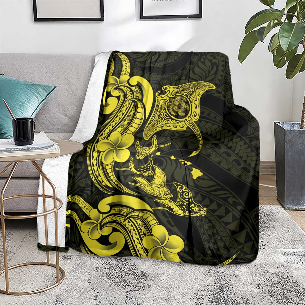 Hawaiian Manta Rays Blanket Tribal Hibiscus Polynesian Tattoos Yellow Color - Polynesian Pride