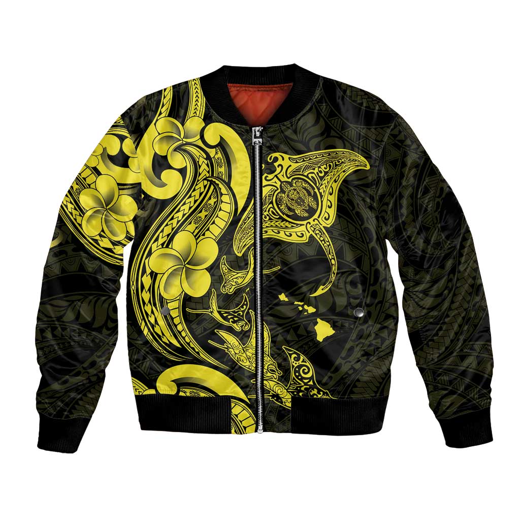 Hawaiian Manta Rays Bomber Jacket Tribal Hibiscus Polynesian Tattoos Yellow Color - Polynesian Pride