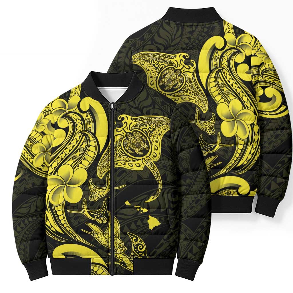 Hawaiian Manta Rays Bomber Puffer Jacket Tribal Hibiscus Polynesian Tattoos Yellow Color - Polynesian Pride