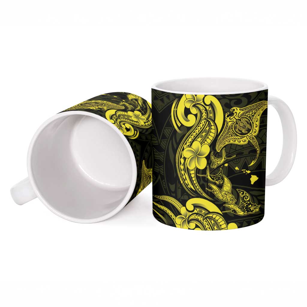 Hawaiian Manta Rays Ceramic Mug Tribal Hibiscus Polynesian Tattoos Yellow Color LT03 - Polynesian Pride