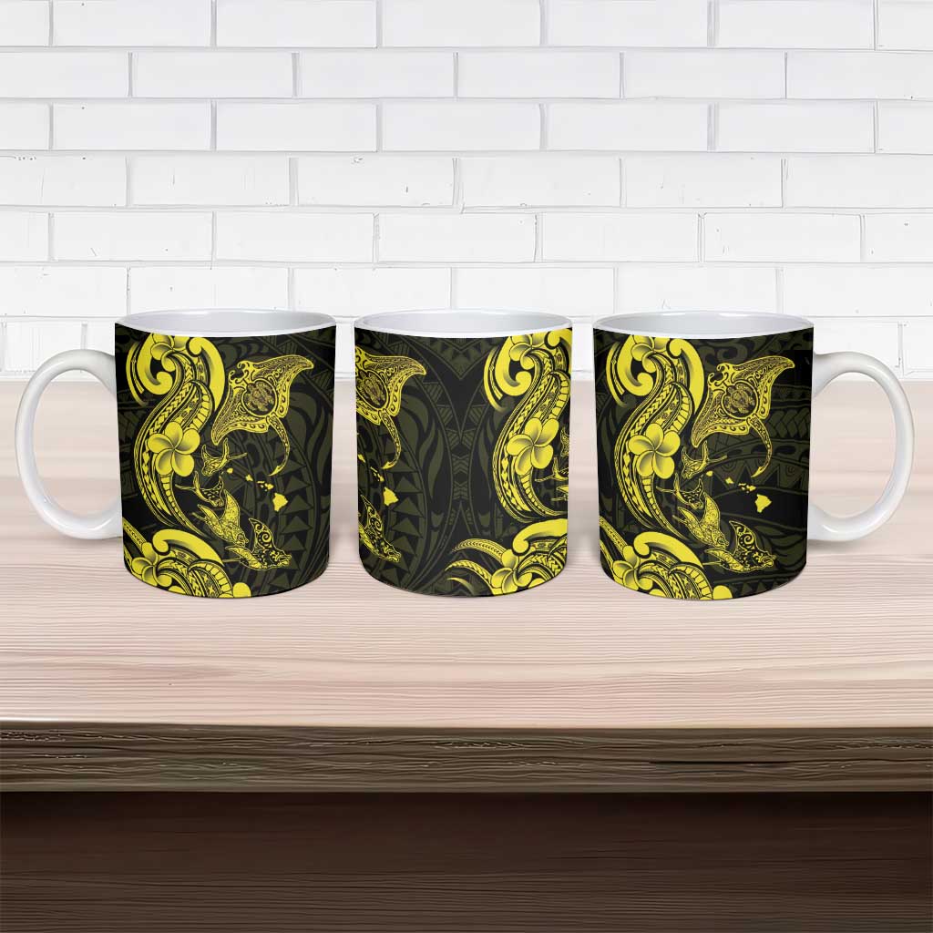Hawaiian Manta Rays Ceramic Mug Tribal Hibiscus Polynesian Tattoos Yellow Color LT03 - Polynesian Pride