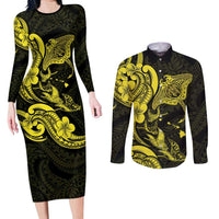 Hawaiian Manta Rays Couples Matching Long Sleeve Bodycon Dress and Long Sleeve Button Shirt Tribal Hibiscus Polynesian Tattoos Yellow Color - Polynesian Pride