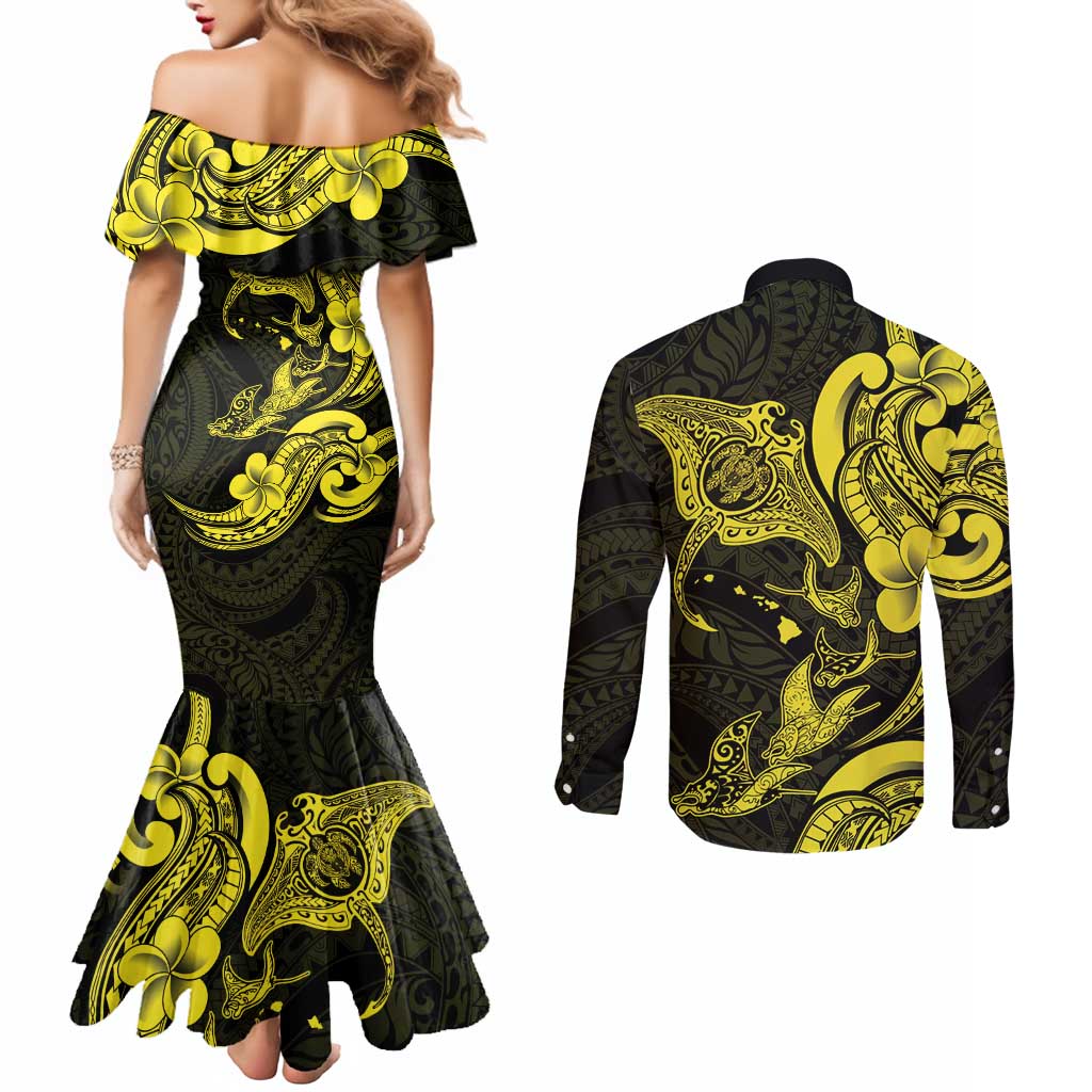 Hawaiian Manta Rays Couples Matching Mermaid Dress and Long Sleeve Button Shirt Tribal Hibiscus Polynesian Tattoos Yellow Color - Polynesian Pride