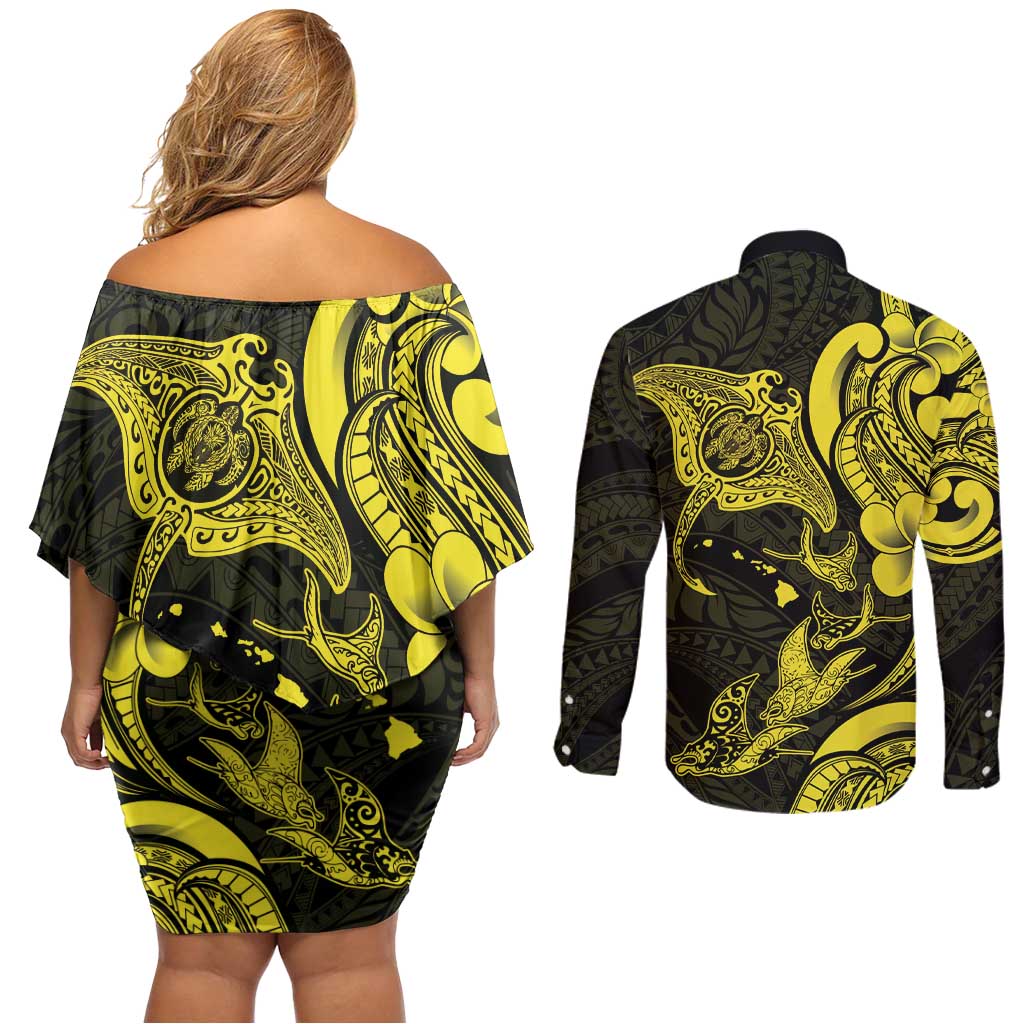 Hawaiian Manta Rays Couples Matching Off Shoulder Short Dress and Long Sleeve Button Shirt Tribal Hibiscus Polynesian Tattoos Yellow Color - Polynesian Pride