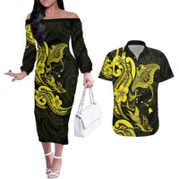 Hawaiian Manta Rays Couples Matching Off The Shoulder Long Sleeve Dress and Hawaiian Shirt Tribal Hibiscus Polynesian Tattoos Yellow Color - Polynesian Pride