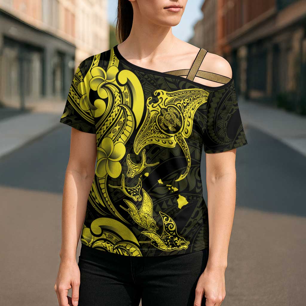 Hawaiian Manta Rays Cross Shoulder Shirt Tribal Hibiscus Polynesian Tattoos Yellow Color - Polynesian Pride
