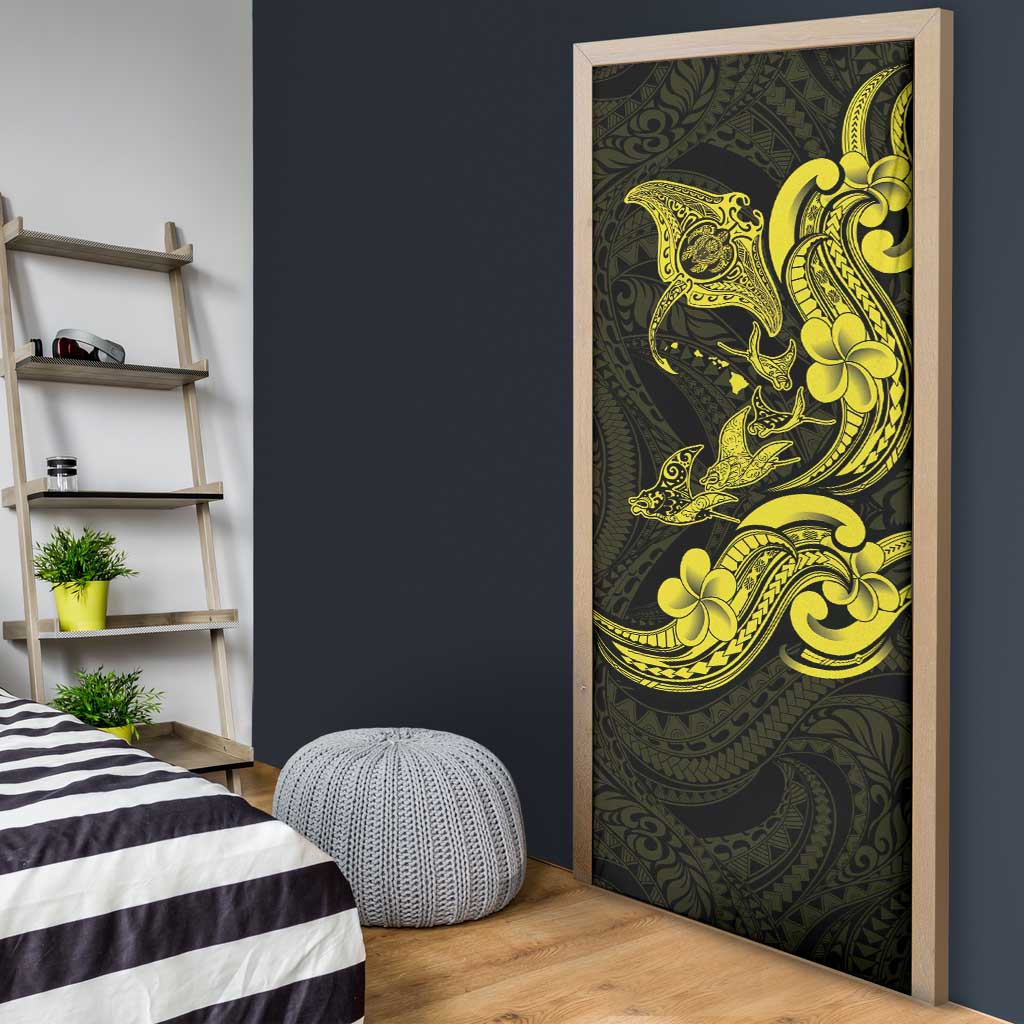Hawaiian Manta Rays Door Cover Tribal Hibiscus Polynesian Tattoos Yellow Color - Polynesian Pride