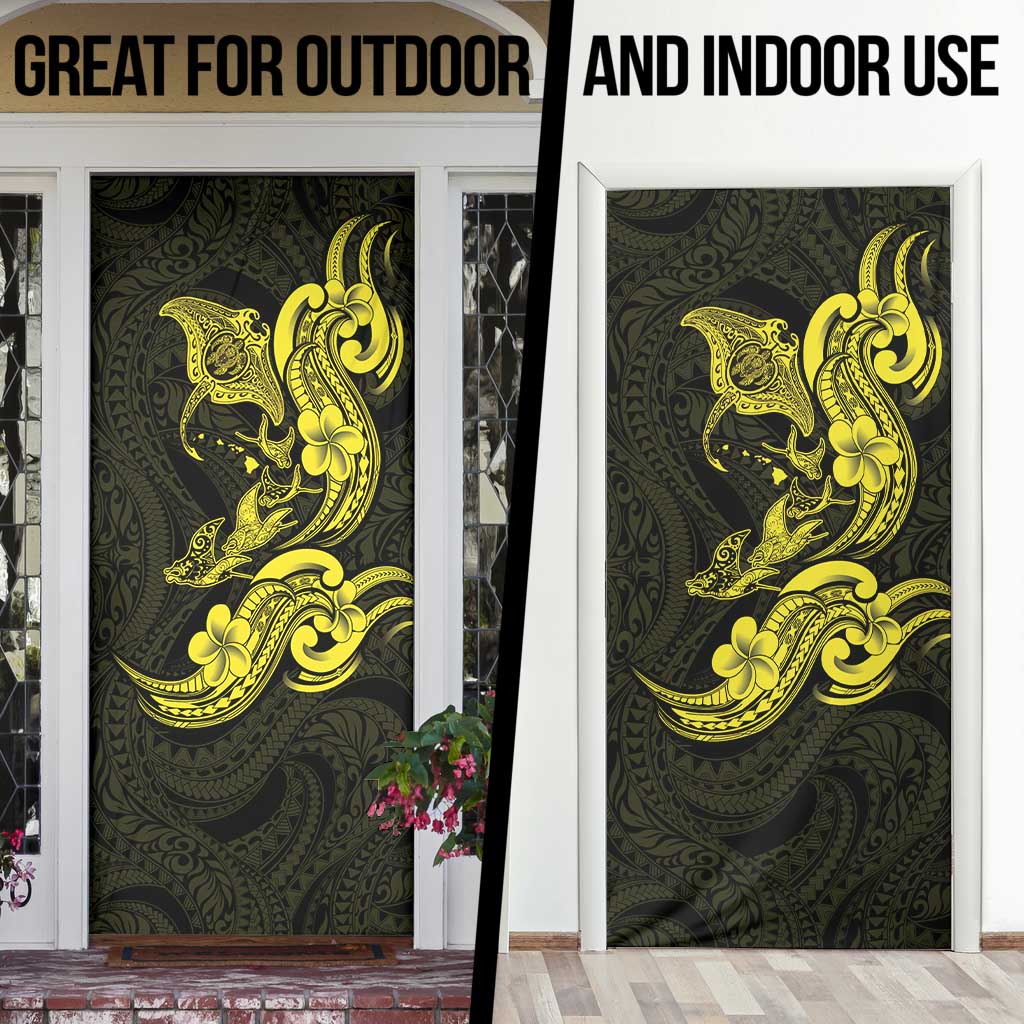 Hawaiian Manta Rays Door Cover Tribal Hibiscus Polynesian Tattoos Yellow Color - Polynesian Pride