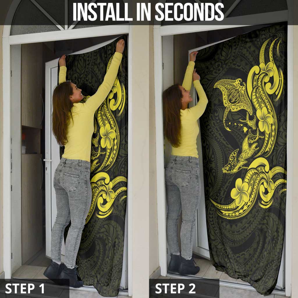 Hawaiian Manta Rays Door Cover Tribal Hibiscus Polynesian Tattoos Yellow Color - Polynesian Pride