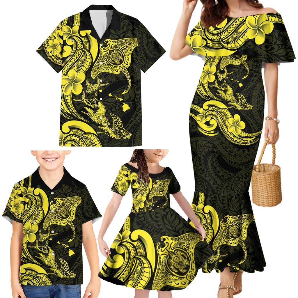 Hawaiian Manta Rays Family Matching Mermaid Dress and Hawaiian Shirt Tribal Hibiscus Polynesian Tattoos Yellow Color - Polynesian Pride