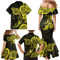 Hawaiian Manta Rays Family Matching Mermaid Dress and Hawaiian Shirt Tribal Hibiscus Polynesian Tattoos Yellow Color - Polynesian Pride