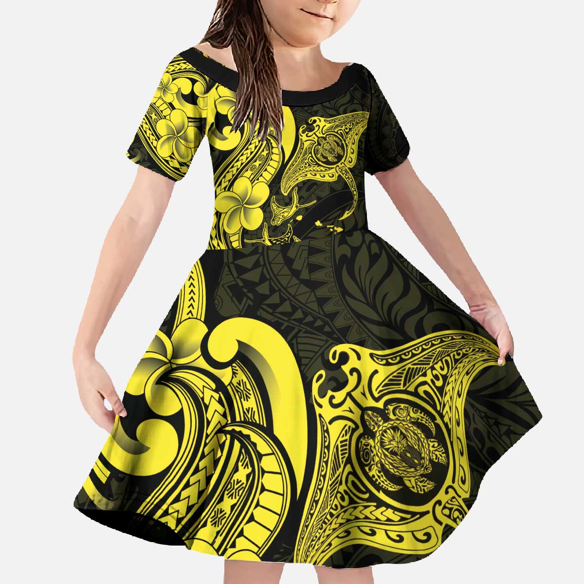 Hawaiian Manta Rays Family Matching Off The Shoulder Long Sleeve Dress and Hawaiian Shirt Tribal Hibiscus Polynesian Tattoos Yellow Color - Polynesian Pride