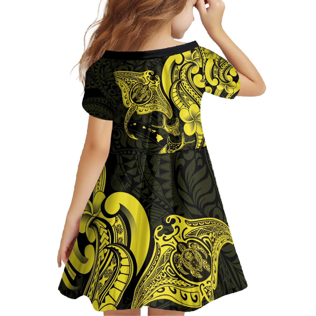 Hawaiian Manta Rays Family Matching Off The Shoulder Long Sleeve Dress and Hawaiian Shirt Tribal Hibiscus Polynesian Tattoos Yellow Color - Polynesian Pride