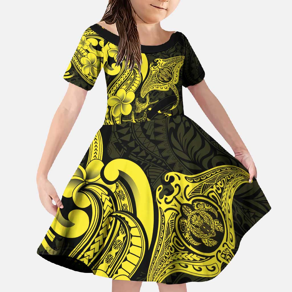 Hawaiian Manta Rays Family Matching Off Shoulder Maxi Dress and Hawaiian Shirt Tribal Hibiscus Polynesian Tattoos Yellow Color - Polynesian Pride