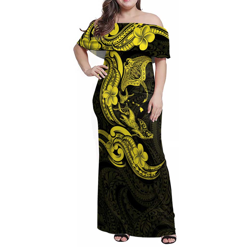 Hawaiian Manta Rays Family Matching Off Shoulder Maxi Dress and Hawaiian Shirt Tribal Hibiscus Polynesian Tattoos Yellow Color - Polynesian Pride