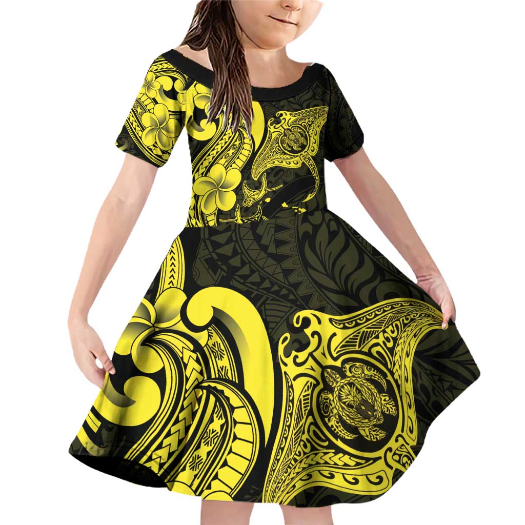 Hawaiian Manta Rays Family Matching Off Shoulder Short Dress and Hawaiian Shirt Tribal Hibiscus Polynesian Tattoos Yellow Color - Polynesian Pride