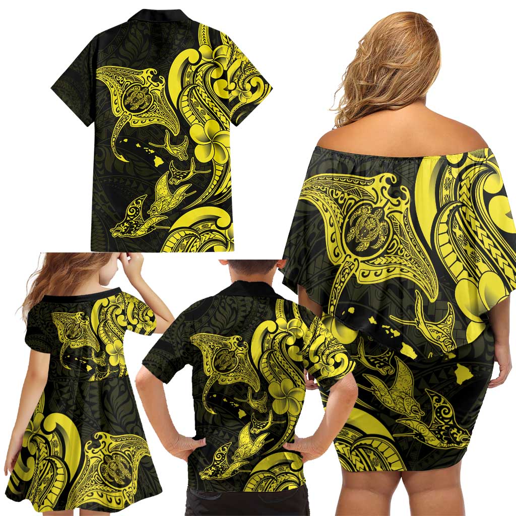Hawaiian Manta Rays Family Matching Off Shoulder Short Dress and Hawaiian Shirt Tribal Hibiscus Polynesian Tattoos Yellow Color - Polynesian Pride