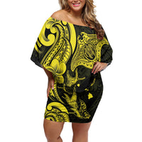 Hawaiian Manta Rays Family Matching Off Shoulder Short Dress and Hawaiian Shirt Tribal Hibiscus Polynesian Tattoos Yellow Color - Polynesian Pride