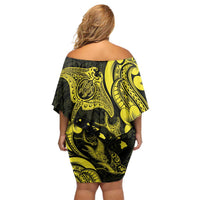 Hawaiian Manta Rays Family Matching Off Shoulder Short Dress and Hawaiian Shirt Tribal Hibiscus Polynesian Tattoos Yellow Color - Polynesian Pride