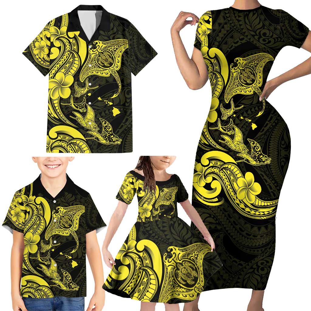 Hawaiian Manta Rays Family Matching Short Sleeve Bodycon Dress and Hawaiian Shirt Tribal Hibiscus Polynesian Tattoos Yellow Color - Polynesian Pride