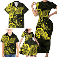 Hawaiian Manta Rays Family Matching Short Sleeve Bodycon Dress and Hawaiian Shirt Tribal Hibiscus Polynesian Tattoos Yellow Color - Polynesian Pride