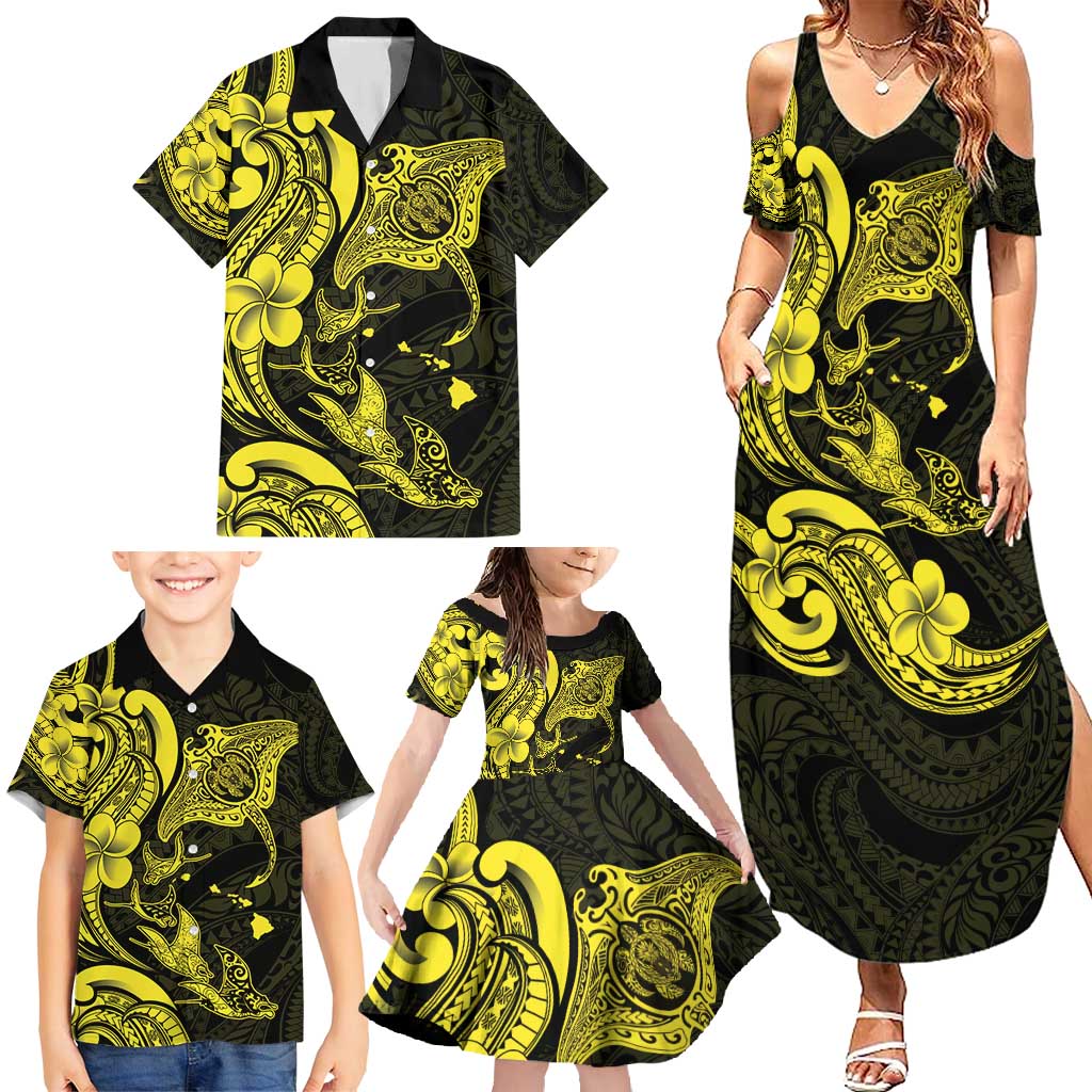 Hawaiian Manta Rays Family Matching Summer Maxi Dress and Hawaiian Shirt Tribal Hibiscus Polynesian Tattoos Yellow Color - Polynesian Pride