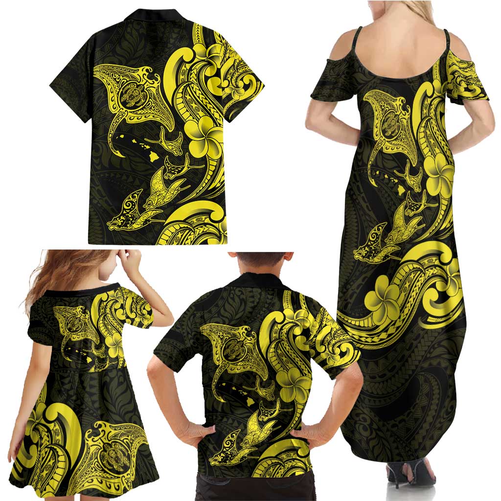 Hawaiian Manta Rays Family Matching Summer Maxi Dress and Hawaiian Shirt Tribal Hibiscus Polynesian Tattoos Yellow Color - Polynesian Pride