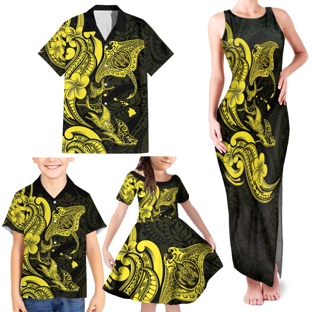 Hawaiian Manta Rays Family Matching Tank Maxi Dress and Hawaiian Shirt Tribal Hibiscus Polynesian Tattoos Yellow Color - Polynesian Pride