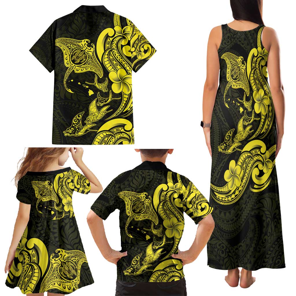 Hawaiian Manta Rays Family Matching Tank Maxi Dress and Hawaiian Shirt Tribal Hibiscus Polynesian Tattoos Yellow Color - Polynesian Pride